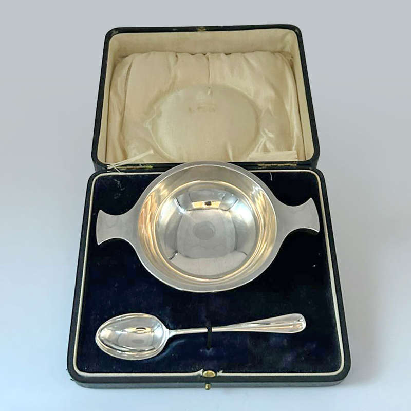 Hallmarked Silver Christening Porringer and Spoon Birmingham 1946
