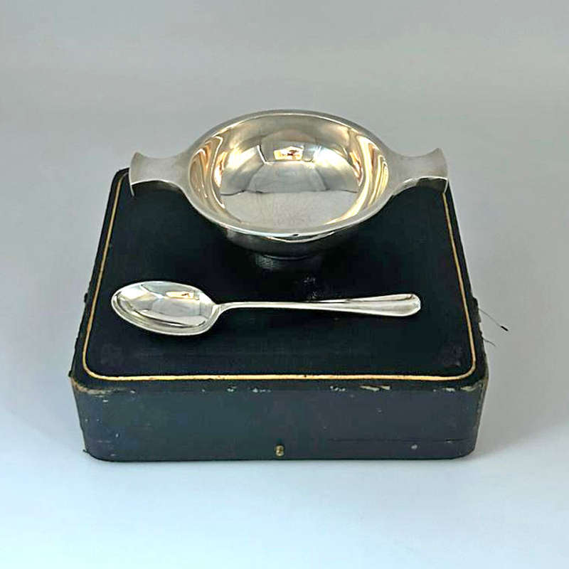 Hallmarked Silver Christening Porringer and Spoon Birmingham 1946