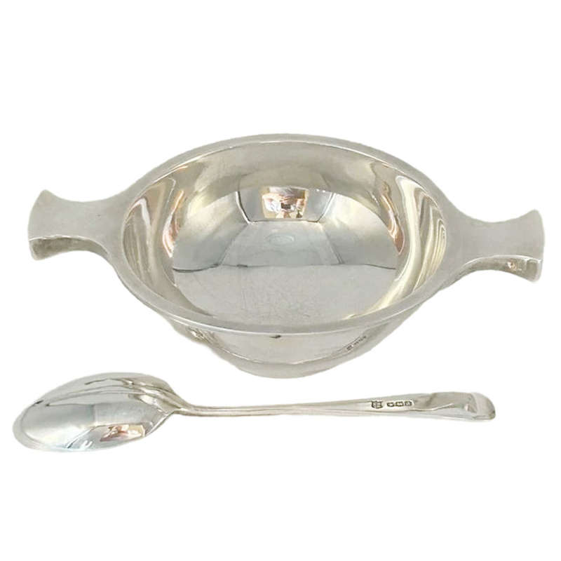 Hallmarked Silver Christening Porringer and Spoon Birmingham 1946