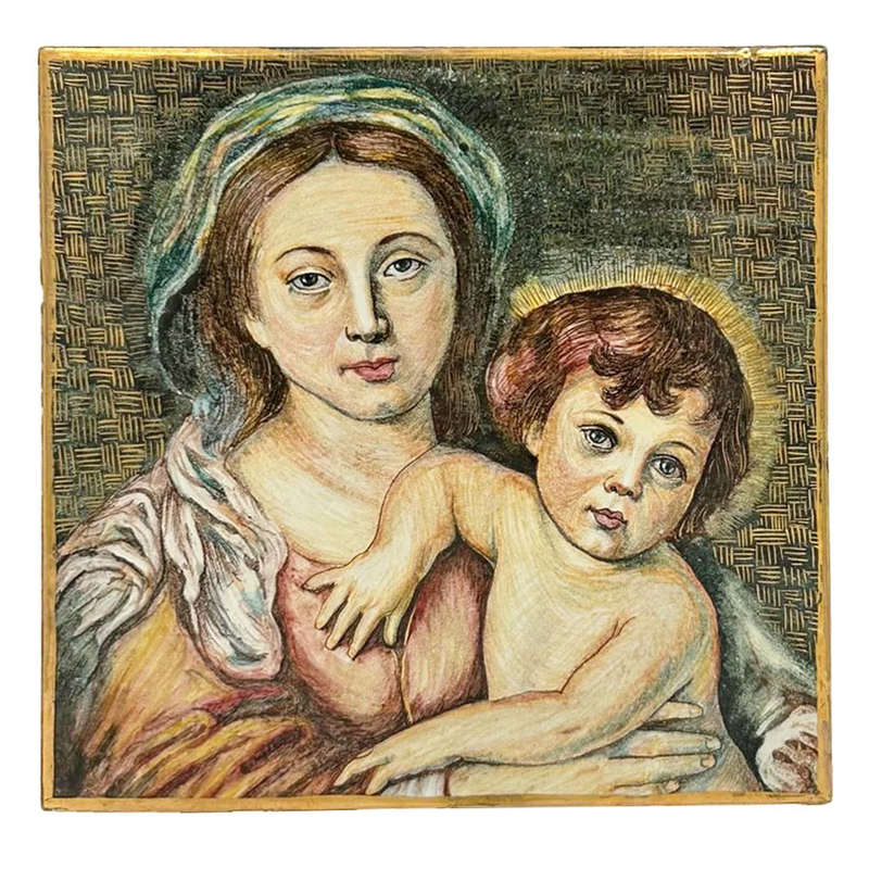 Italian Mary and Jesus  Hand Painted Terracotta Wall Tile 20th