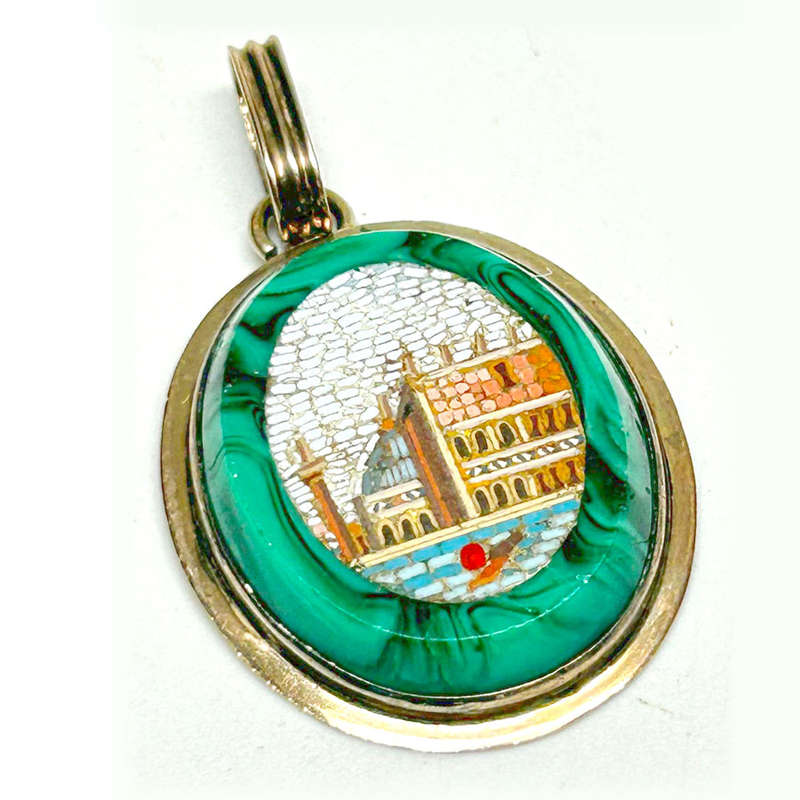 14ct Gold Micromosaic Venice Scene Pendant Set in Malachite C1860