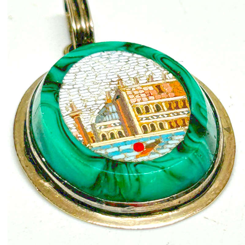 14ct Gold Micromosaic Venice Scene Pendant Set in Malachite C1860