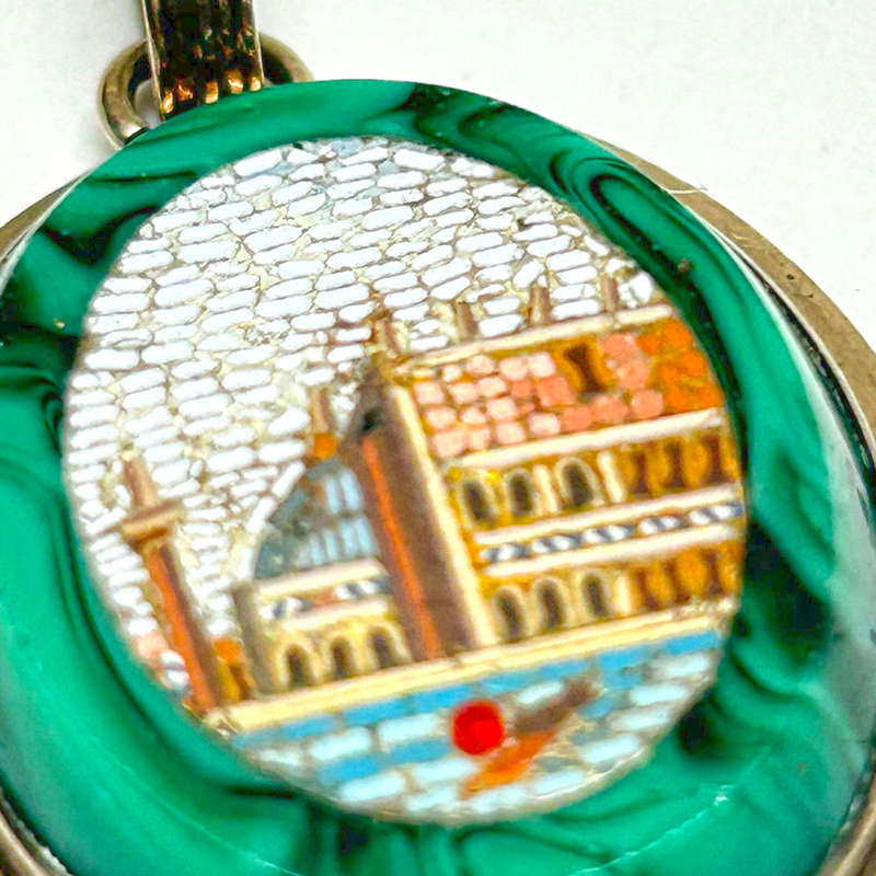14ct Gold Micromosaic Venice Scene Pendant Set in Malachite C1860