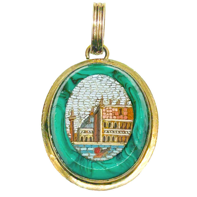 14ct Gold Micromosaic Venice Scene Pendant Set in Malachite C1860