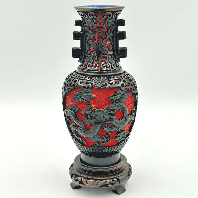 Cinnabar Chinese Hand Carved Dragon Dual Tone Vase 20cm