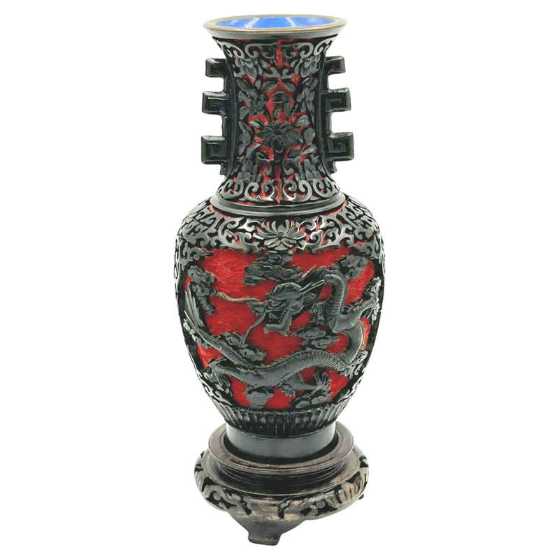 Cinnabar Chinese Hand Carved Dragon Dual Tone Vase 20cm