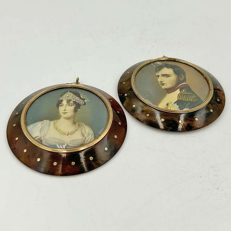 French Gold Mounted Tortoiseshell Pair  Of Miniature Portrait Paintings of Napoleon & Josephine