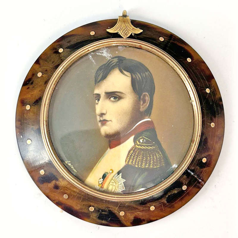 French Gold Mounted Tortoiseshell Pair  Of Miniature Portrait Paintings of Napoleon & Josephine