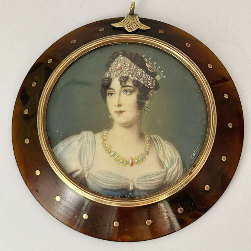 French Gold Mounted Tortoiseshell Pair  Of Miniature Portrait Paintings of Napoleon & Josephine