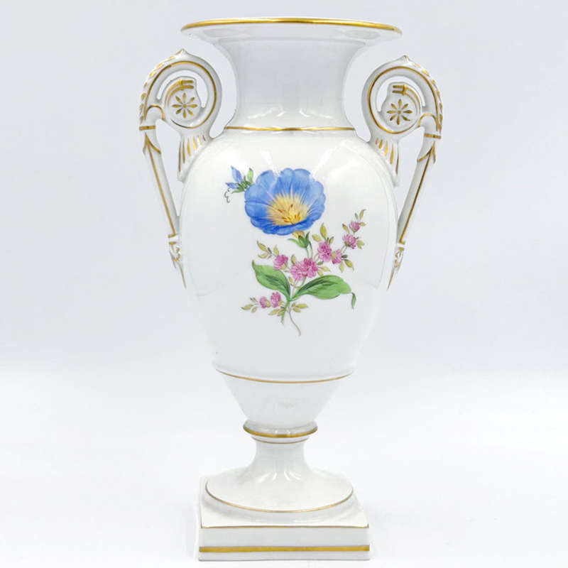Meissen Double Handled Vase Hand Painted Flowers 20th