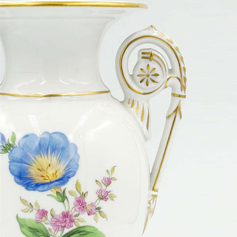 Meissen Double Handled Vase Hand Painted Flowers 20th