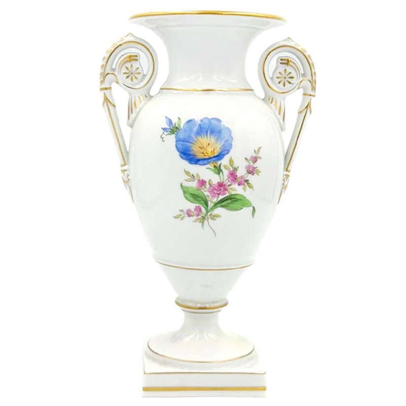 Meissen Double Handled Vase Hand Painted Flowers 20th