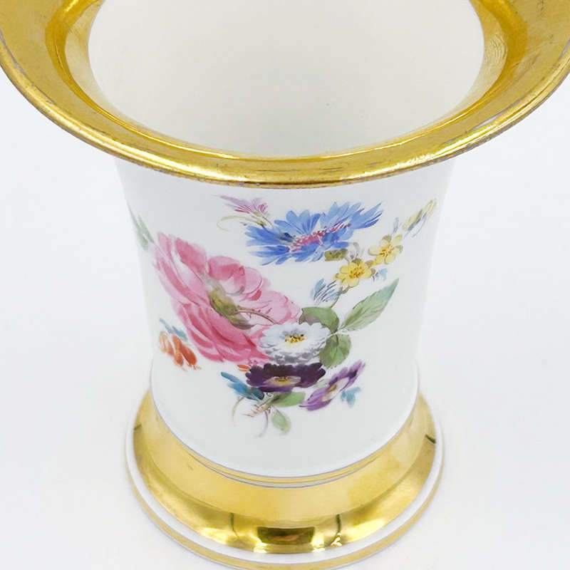 Meissen Double Trumpet Vase Hand Painted Flowers 20th