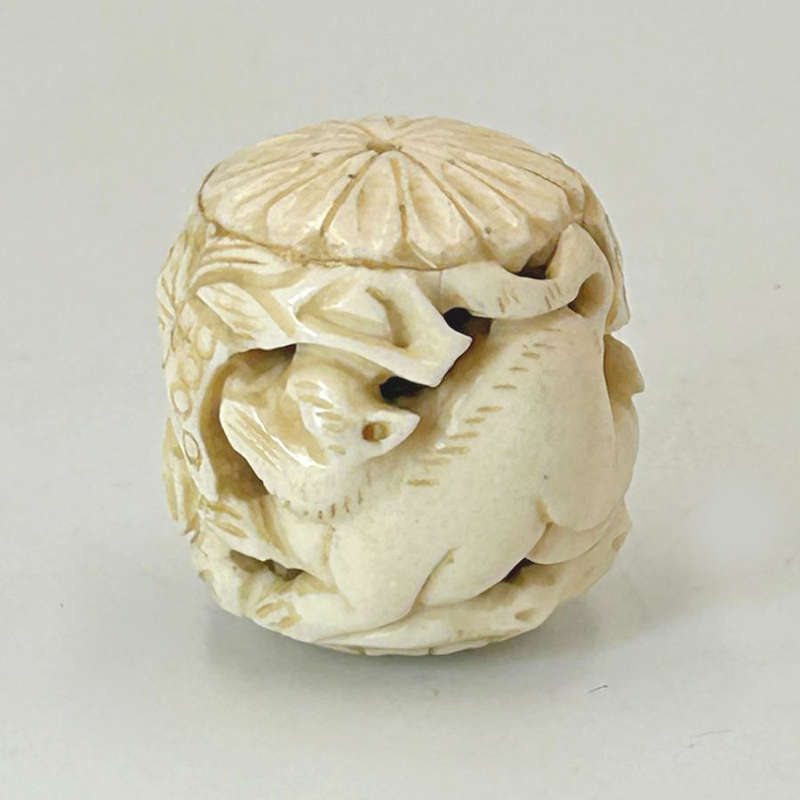 Japanese Netsuke Cat and Butterfly Carved Ball 19th