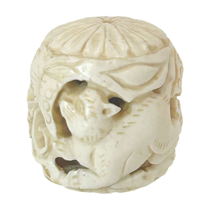 Japanese Netsuke Cat and Butterfly Carved Ball 19th