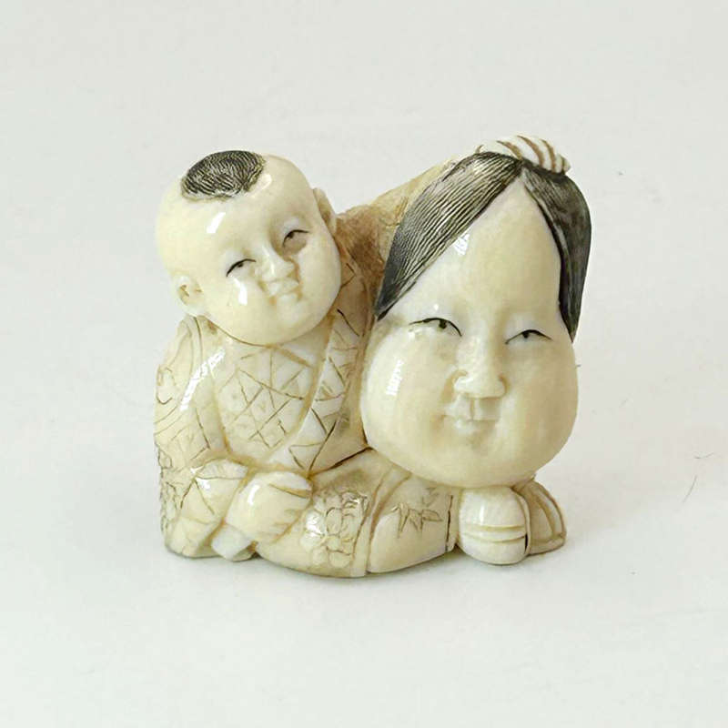 Japanese Netsuke of Okame Holding Mask Signed 19th