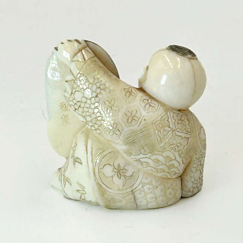 Japanese Netsuke of Okame Holding Mask Signed 19th