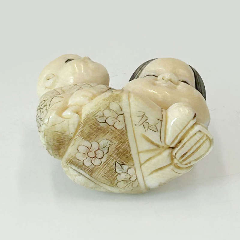 Japanese Netsuke of Okame Holding Mask Signed 19th