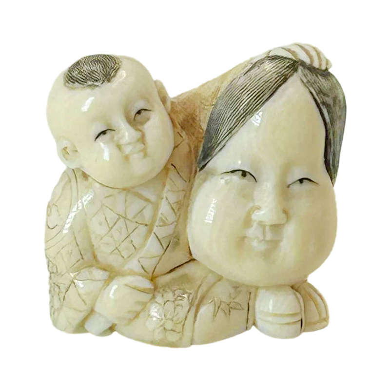 Japanese Netsuke of Okame Holding Mask Signed 19th