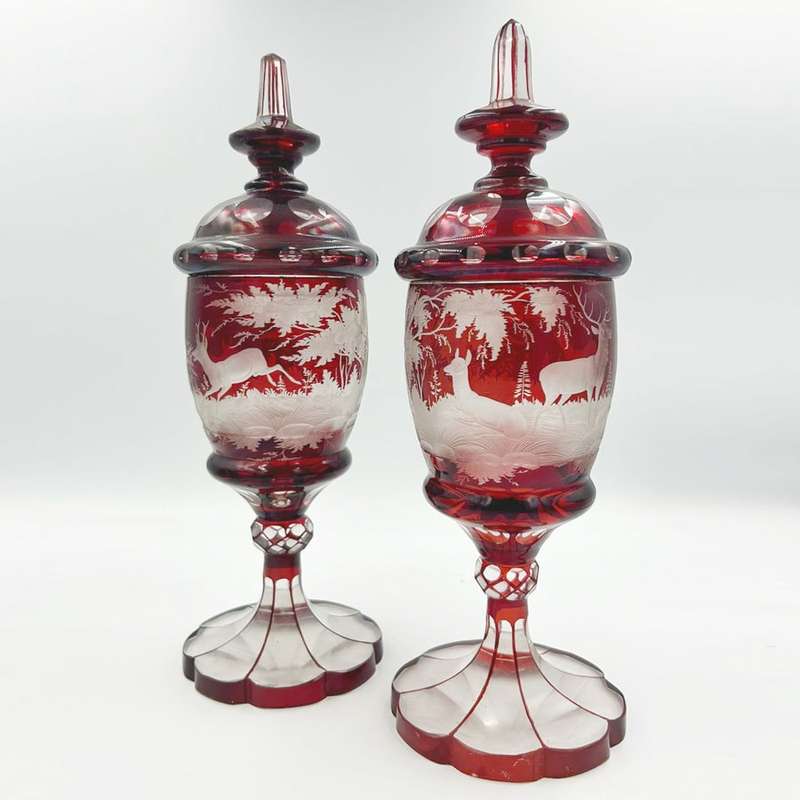 Bohemian Glass Pair Ruby Over Lay Cut To Clear Deer Forest Scene Urns 19th
