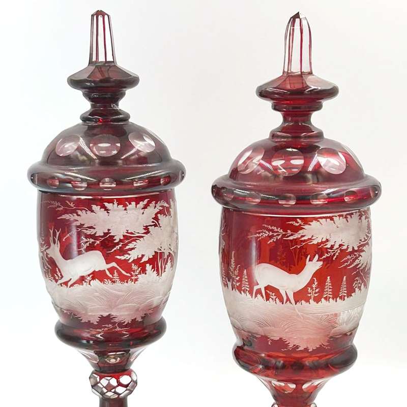 Bohemian Glass Pair Ruby Over Lay Cut To Clear Deer Forest Scene Urns 19th