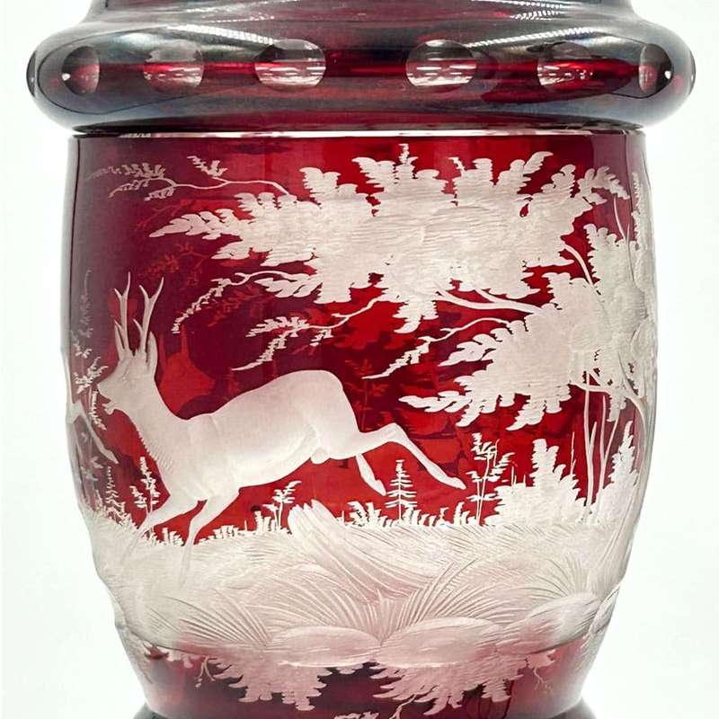 Bohemian Glass Pair Ruby Over Lay Cut To Clear Deer Forest Scene Urns 19th