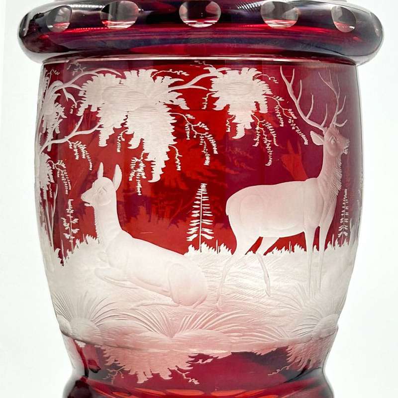 Bohemian Glass Pair Ruby Over Lay Cut To Clear Deer Forest Scene Urns 19th