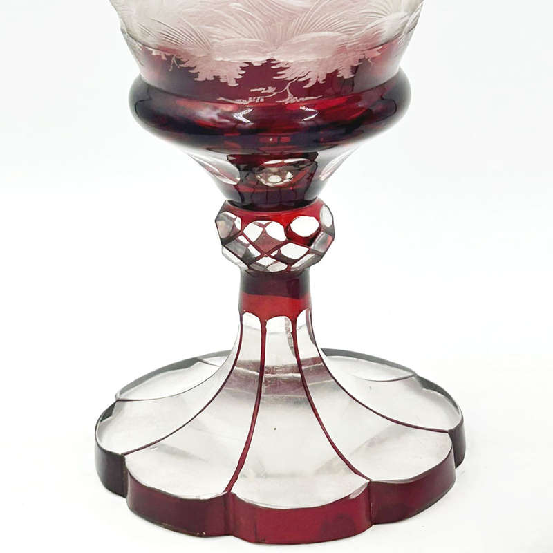 Bohemian Glass Pair Ruby Over Lay Cut To Clear Deer Forest Scene Urns 19th