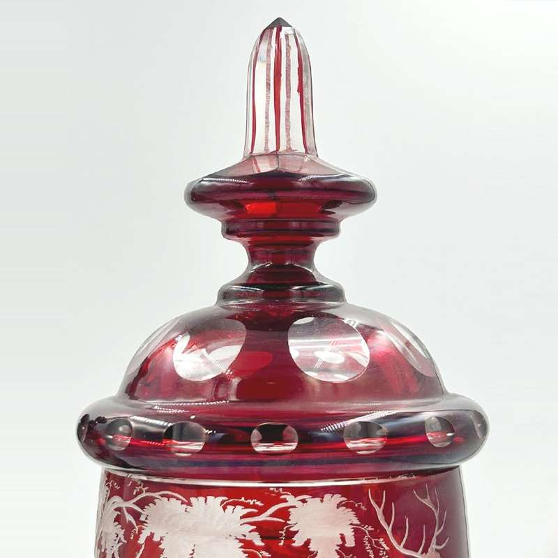 Bohemian Glass Pair Ruby Over Lay Cut To Clear Deer Forest Scene Urns 19th