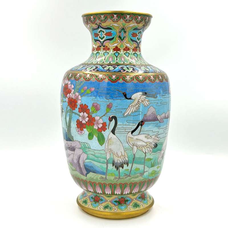 Japanese Floral Cloisonne Decorative Crane Scene Vase 20th