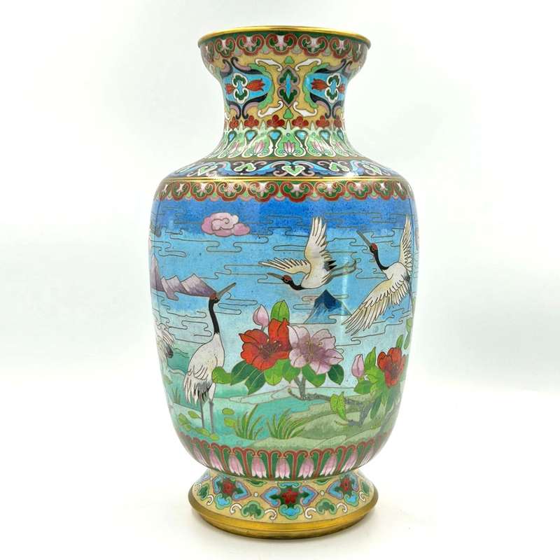 Japanese Floral Cloisonne Decorative Crane Scene Vase 20th