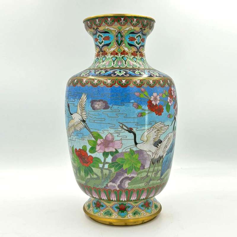 Japanese Floral Cloisonne Decorative Crane Scene Vase 20th