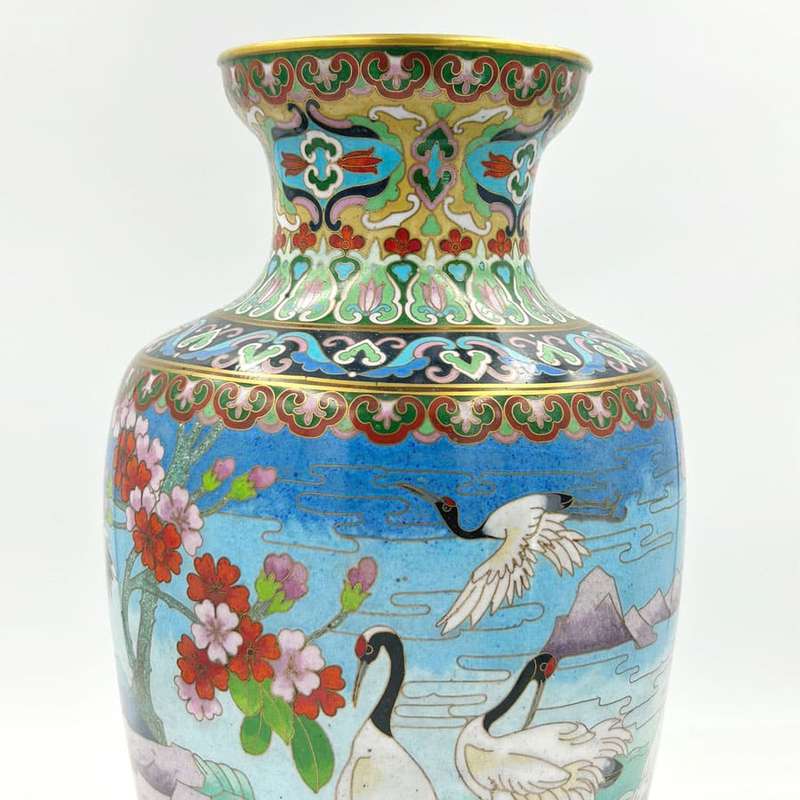 Japanese Floral Cloisonne Decorative Crane Scene Vase 20th