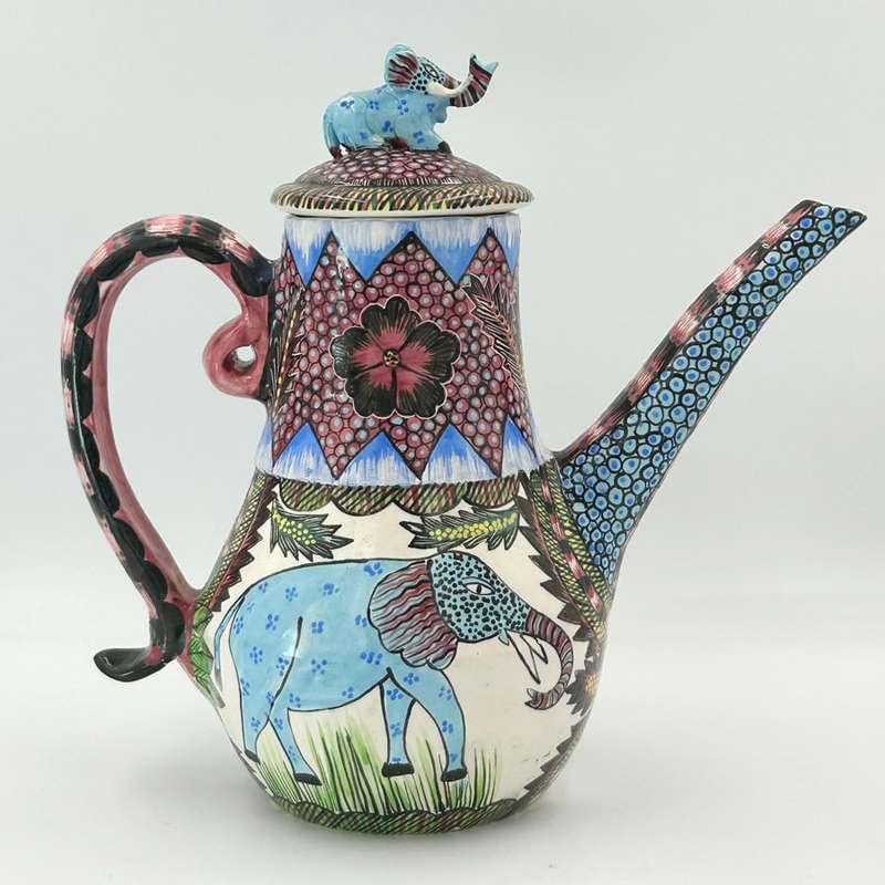 Ardmore Hand Elephant Scene Painted Large Coffee Pot By Ohelia 1995