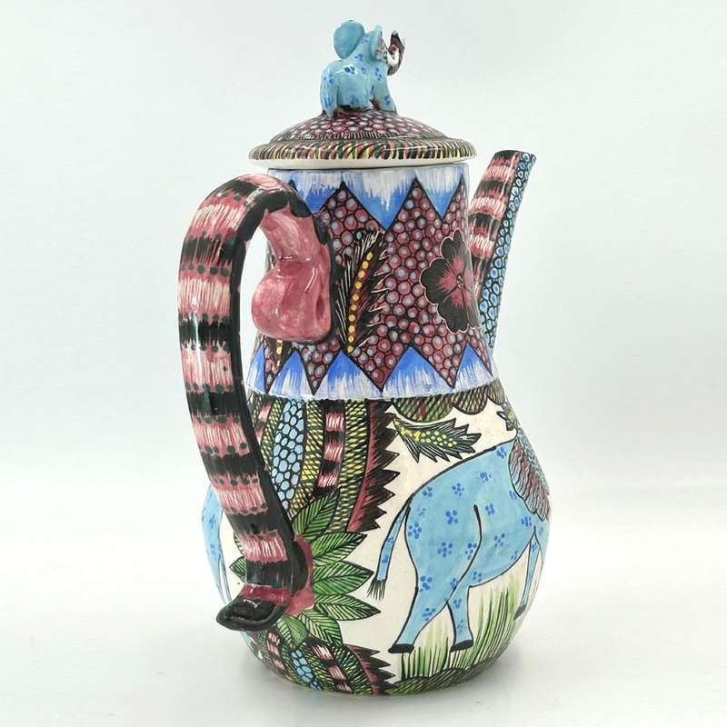 Ardmore Hand Elephant Scene Painted Large Coffee Pot By Ohelia 1995