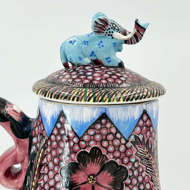 Ardmore Hand Elephant Scene Painted Large Coffee Pot By Ohelia 1995