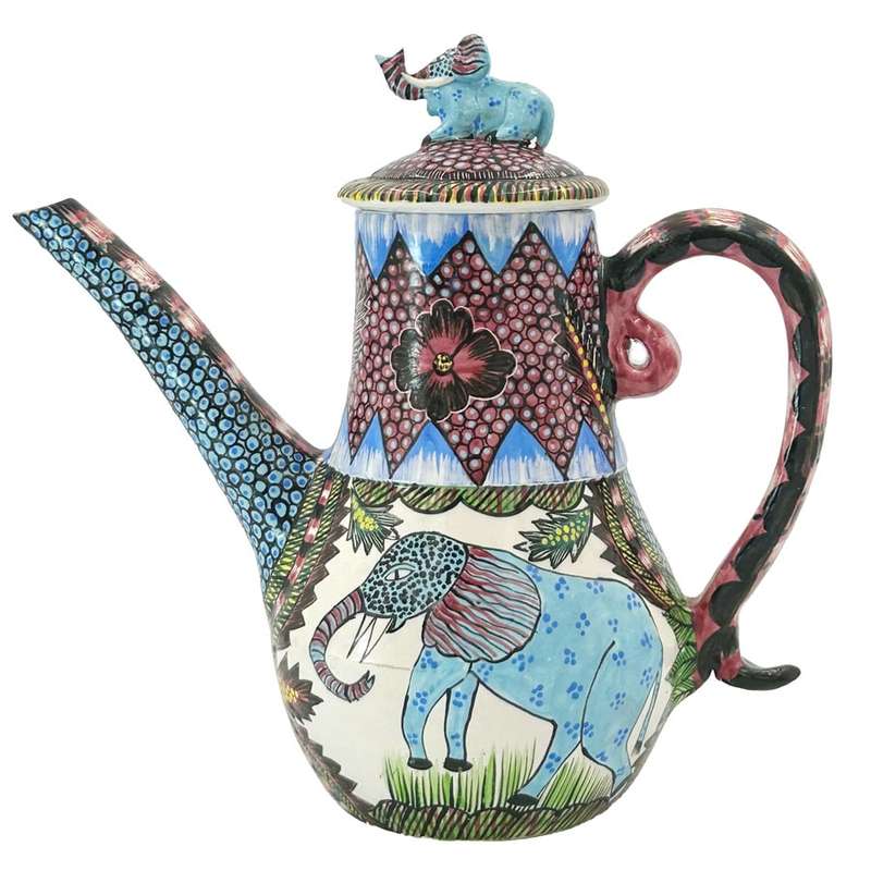 Ardmore Hand Elephant Scene Painted Large Coffee Pot By Ohelia 1995
