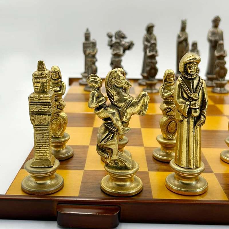 Chess Set Silver and Gilt Metal In original Box
