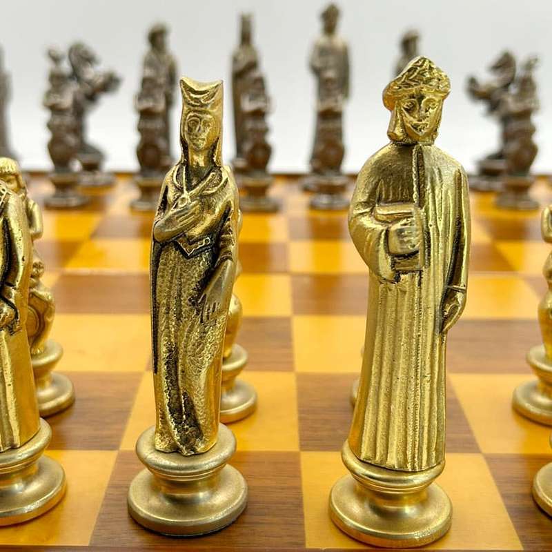 Chess Set Silver and Gilt Metal In original Box