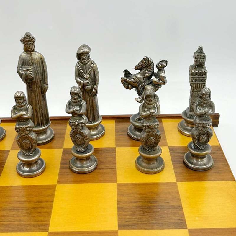 Chess Set Silver and Gilt Metal In original Box