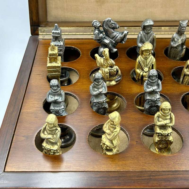 Chess Set Silver and Gilt Metal In original Box