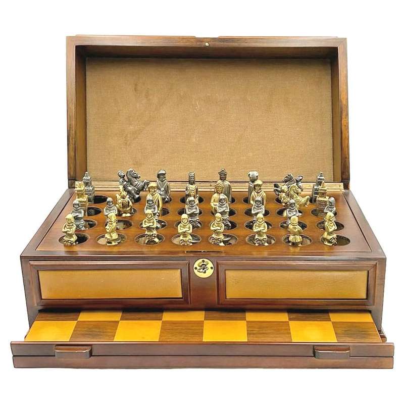 Chess Set Silver and Gilt Metal In original Box