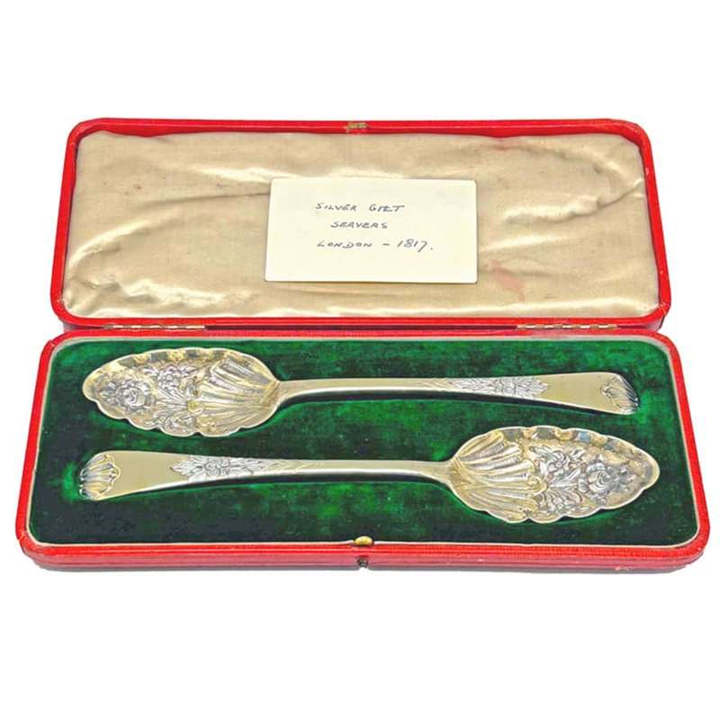 Pair London 1817 Hallmarked Silver Berry Spoons Boxed