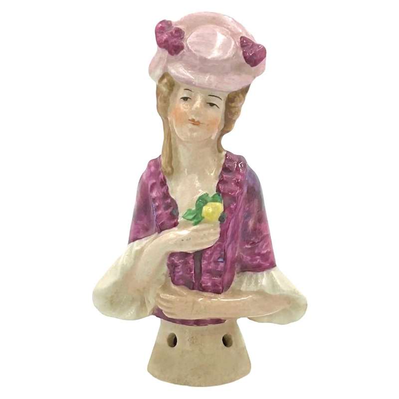 Porcelain Glazed 20th Century Half Doll Holding Yellow Flower