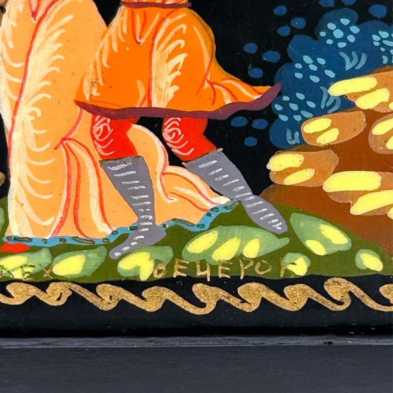 Russian Hand Painted Lacquered Box Figures Under Tree