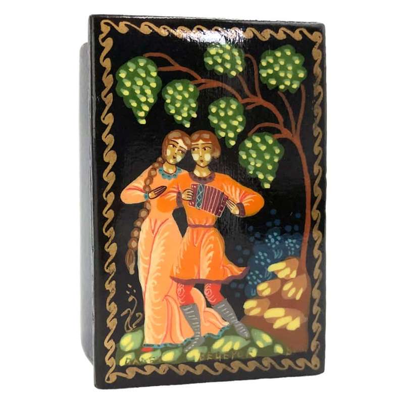 Russian Hand Painted Lacquered Box Figures Under Tree