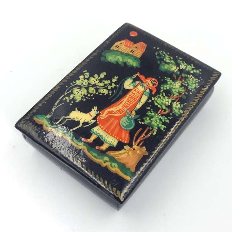 Russian Hand Painted Lacquered Box Lady With Dog