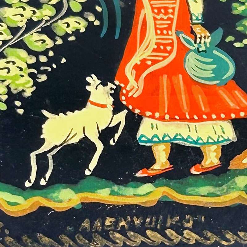 Russian Hand Painted Lacquered Box Lady With Dog