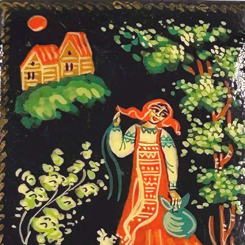 Russian Hand Painted Lacquered Box Lady With Dog