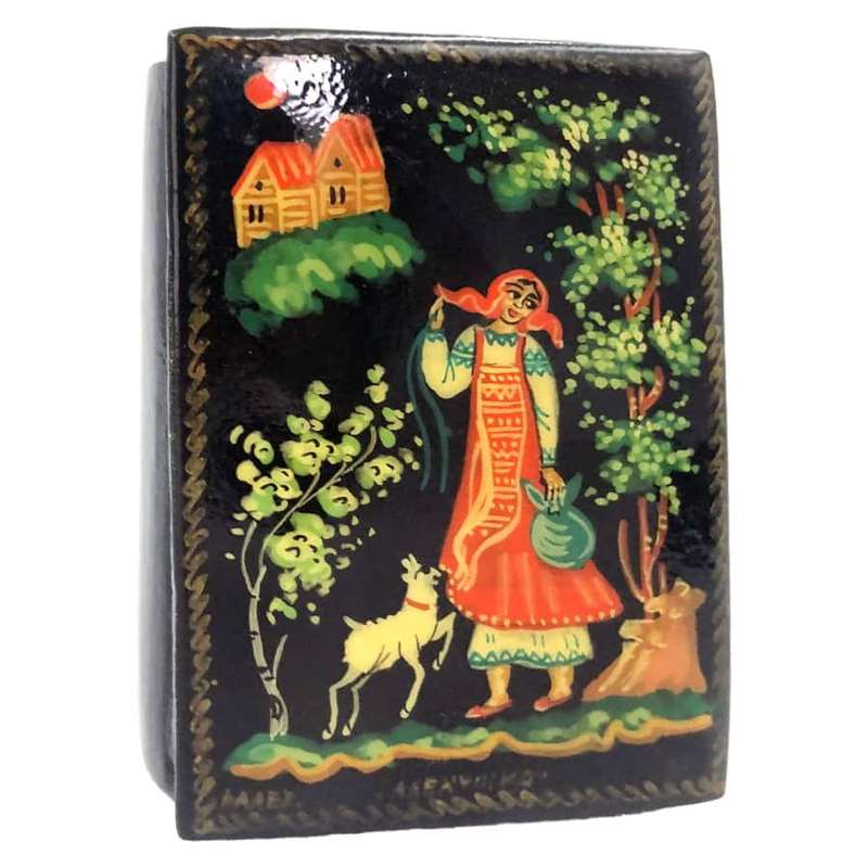 Russian Hand Painted Lacquered Box Lady With Dog